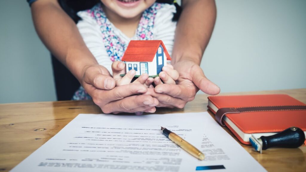 Illustration of a house with a trust document symbolizing estate planning and asset protection benefits for homeowners.